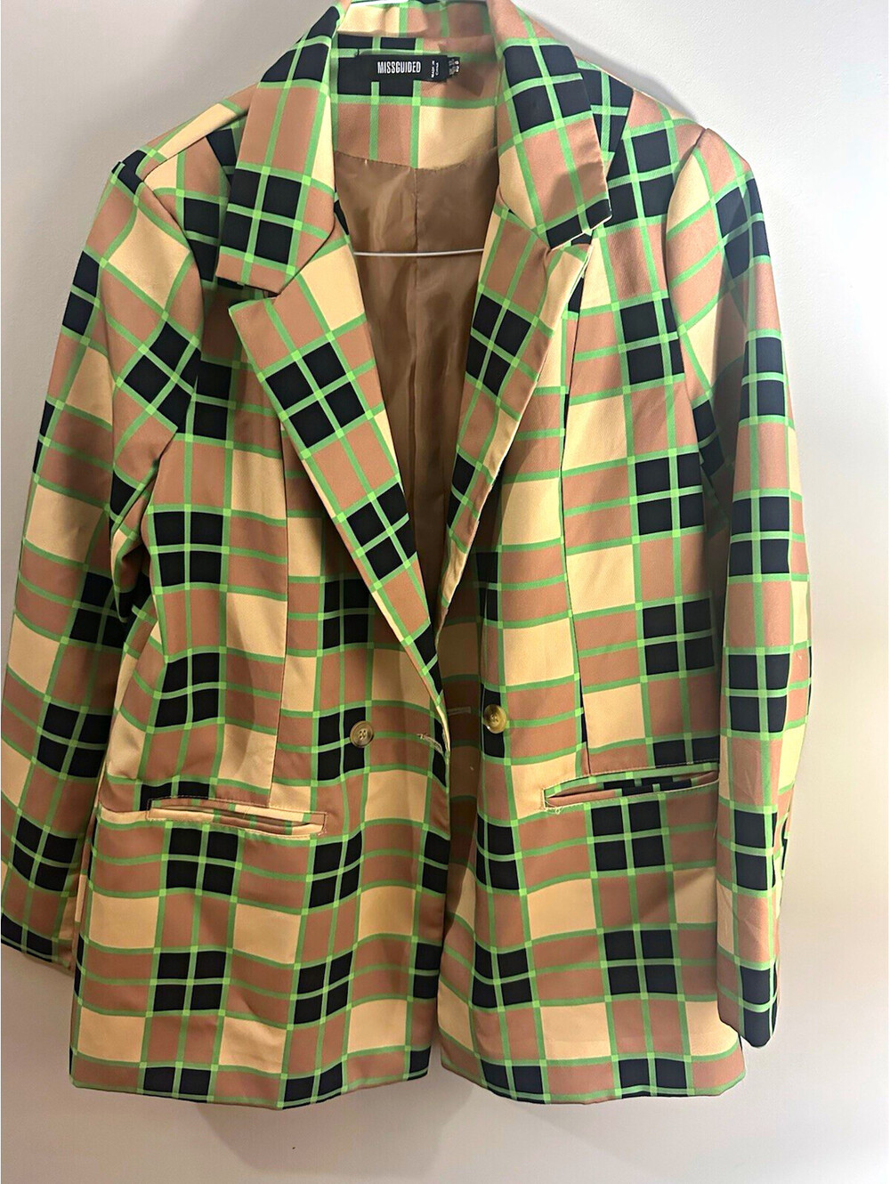 Missguided Plaid Lined Notch Lapel Blazer Jacket UK 12 Beige Green Black